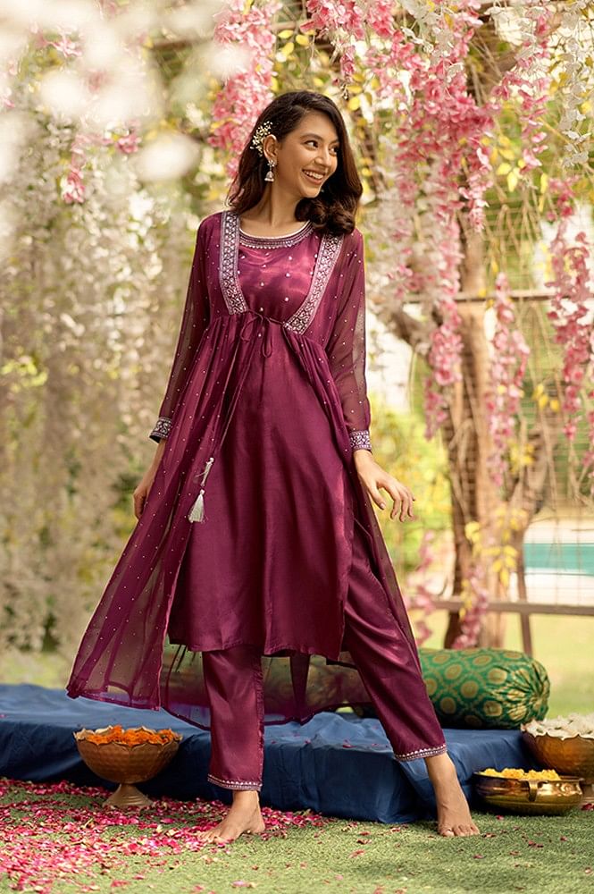 Wine Embroidered Sheer Gilet, Kurta and Pants Set