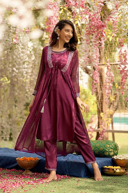 Wine Embroidered Sheer Gilet, Kurta and Pants Set