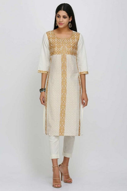 Cream Printed Round Neck kurta