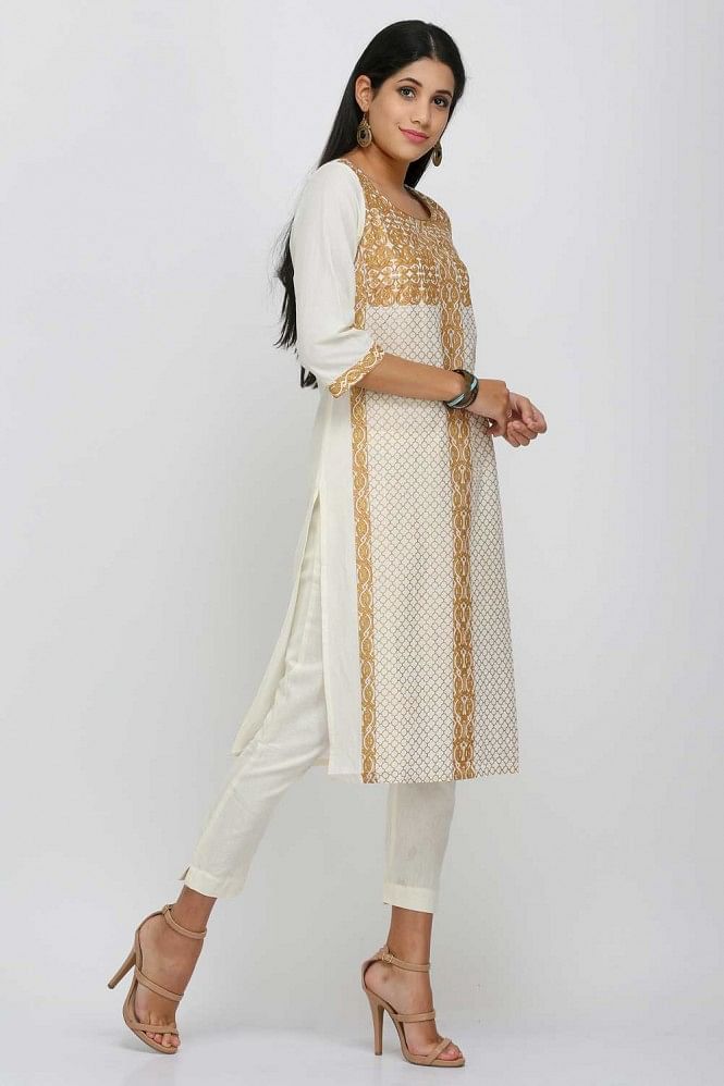 Cream Printed Round Neck kurta