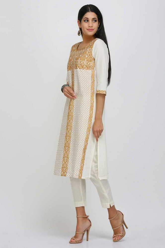 Cream Printed Round Neck kurta