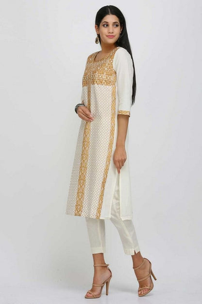 Cream Printed Round Neck kurta