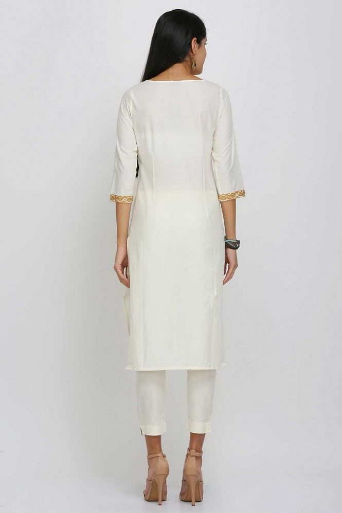 Cream Printed Round Neck kurta