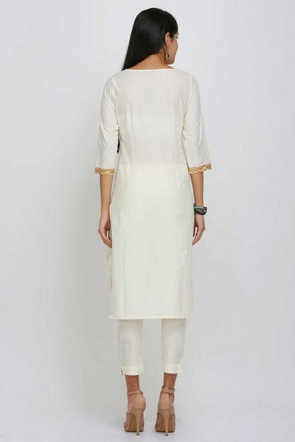 Cream Printed Round Neck kurta