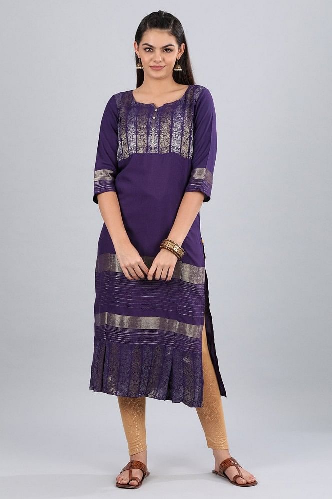 Purple Round Neck Yarn-Dyed kurta
