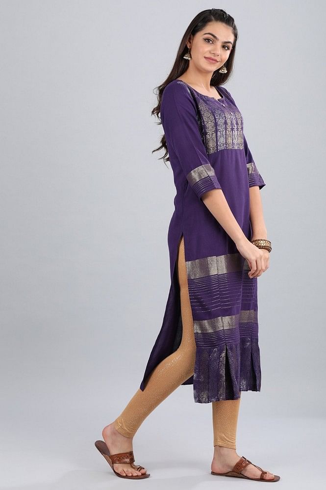Purple Round Neck Yarn-Dyed kurta