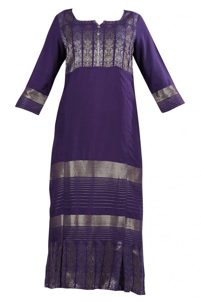 Purple Round Neck Yarn-Dyed kurta