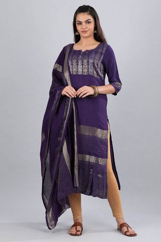 Purple Round Neck Yarn-Dyed kurta