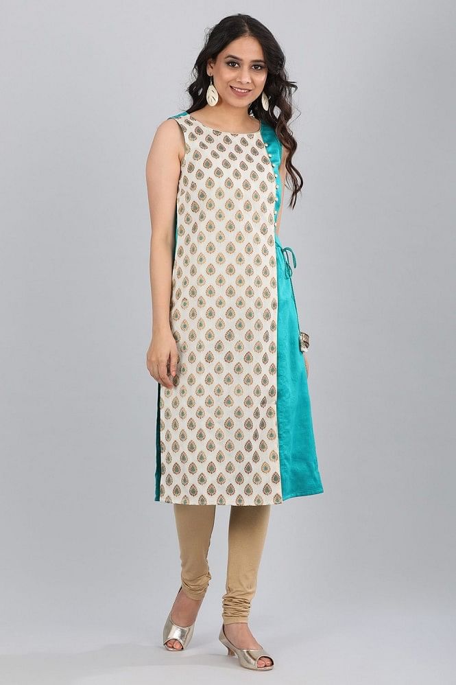 Teal Blue Round Neck Sleeveless Straight kurta