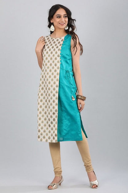 Teal Blue Round Neck Sleeveless Straight kurta