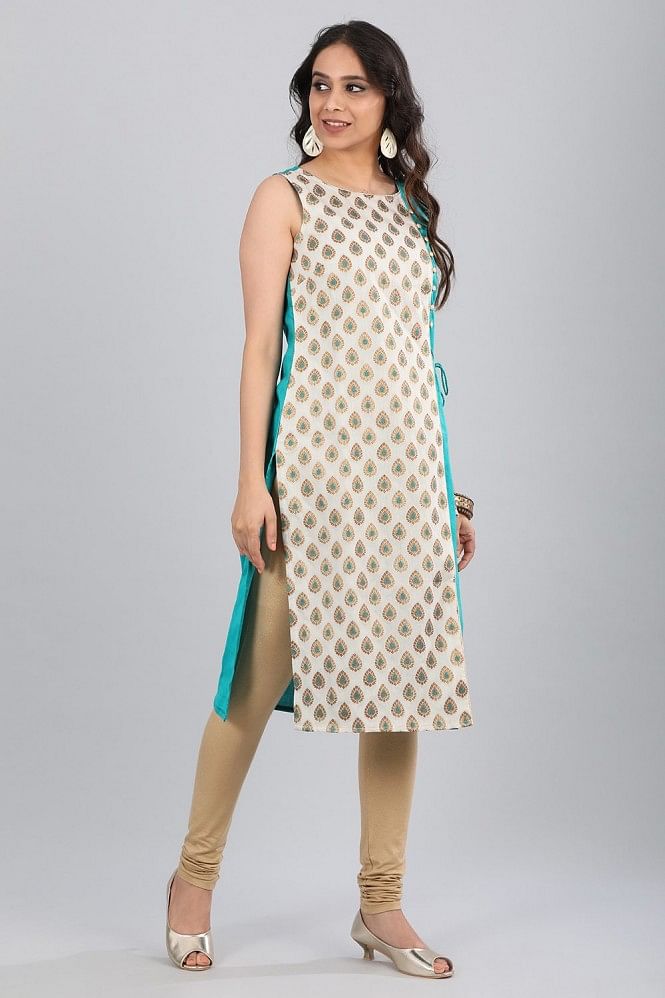 Teal Blue Round Neck Sleeveless Straight kurta
