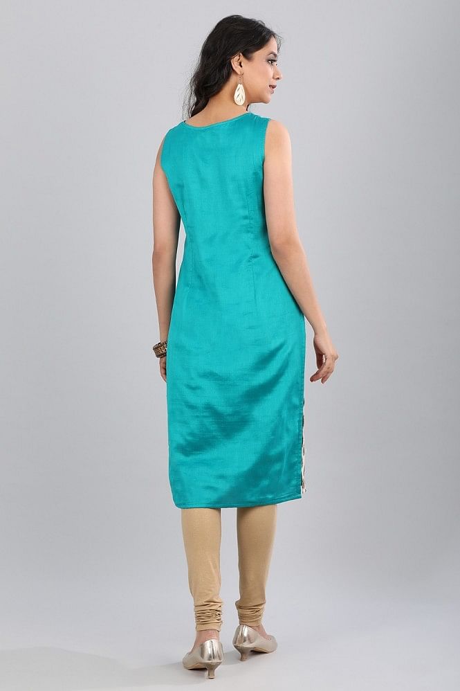 Teal Blue Round Neck Sleeveless Straight kurta