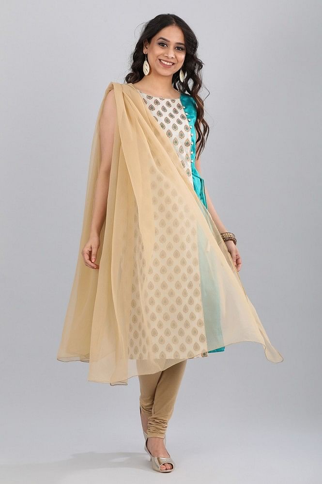 Teal Blue Round Neck Sleeveless Straight kurta