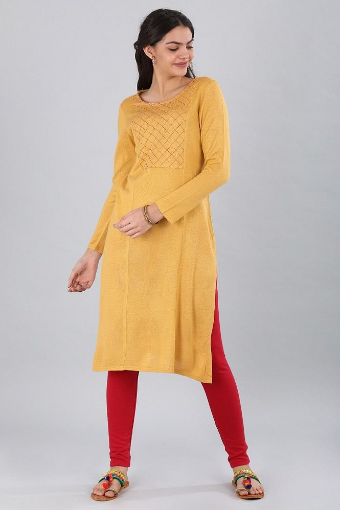 Yellow Round Neck Yarn-dyed kurta