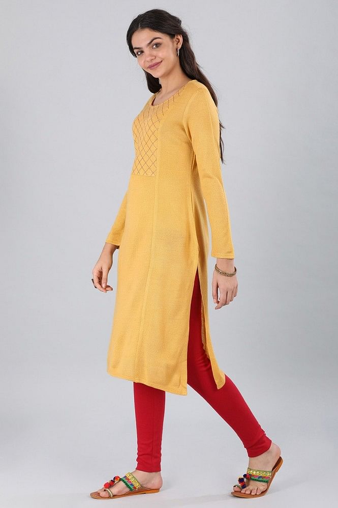 Yellow Round Neck Yarn-dyed kurta