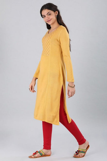 Yellow Round Neck Yarn-dyed kurta