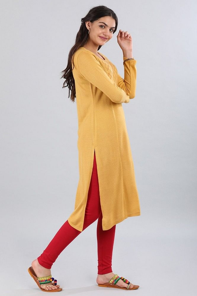 Yellow Round Neck Yarn-dyed kurta