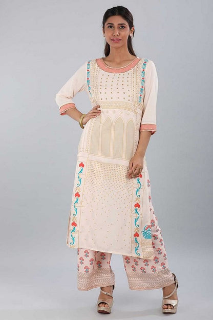 Cream Round Neck Printed kurta Set