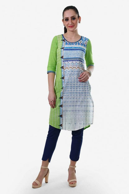 Green &amp; White Printed Round Neck kurta