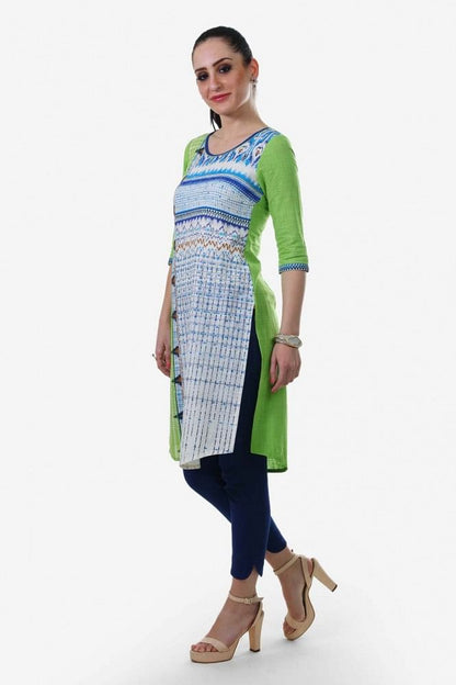Green &amp; White Printed Round Neck kurta