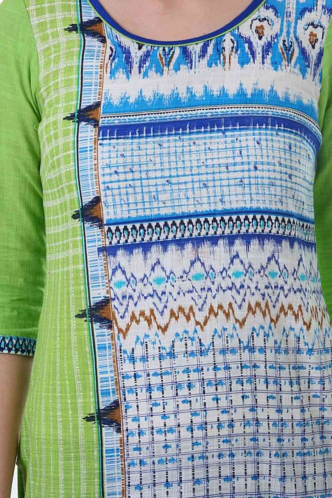 Green &amp; White Printed Round Neck kurta