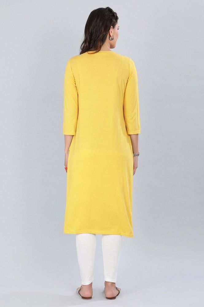 Yellow Round Neck Printed kurta