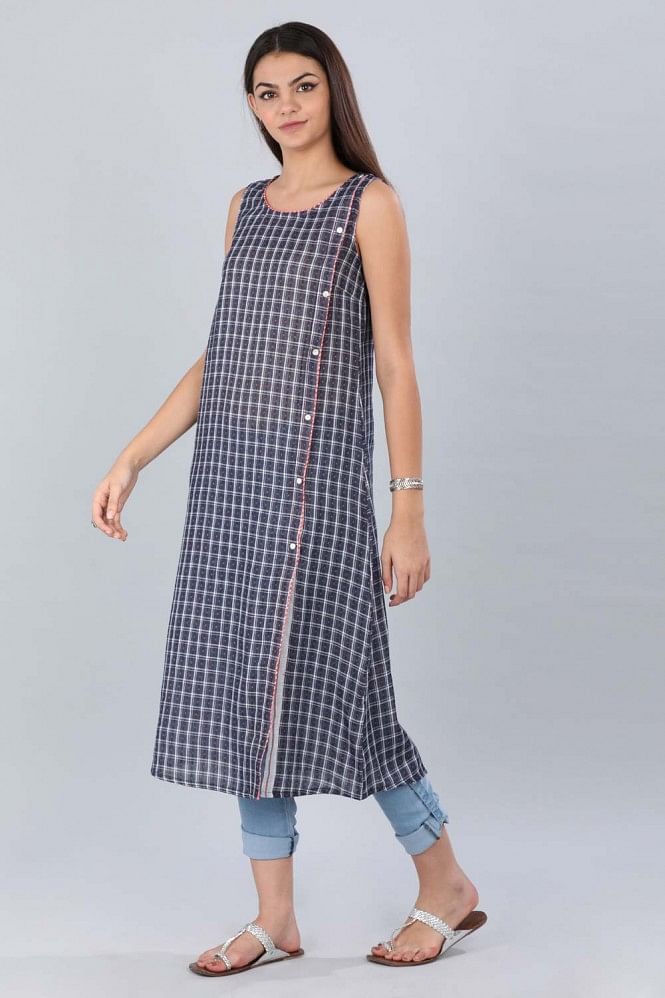 Blue Round Neck Checkered kurta
