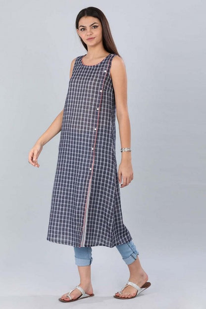 Blue Round Neck Checkered kurta