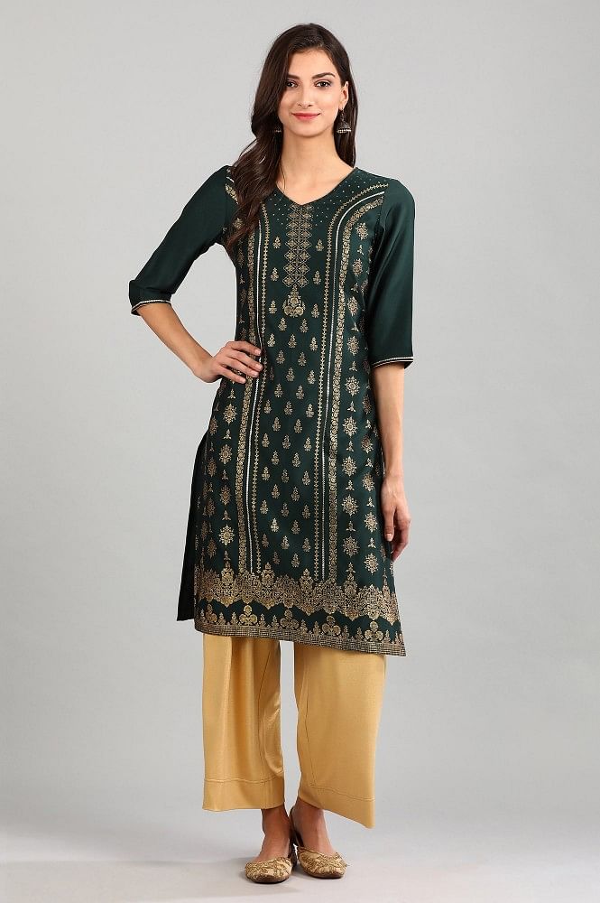 Green V-Neck Printed kurta