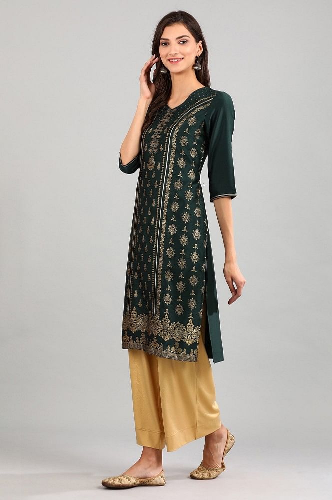 Green V-Neck Printed kurta