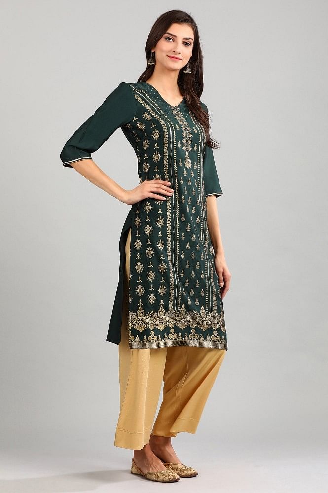 Green V-Neck Printed kurta
