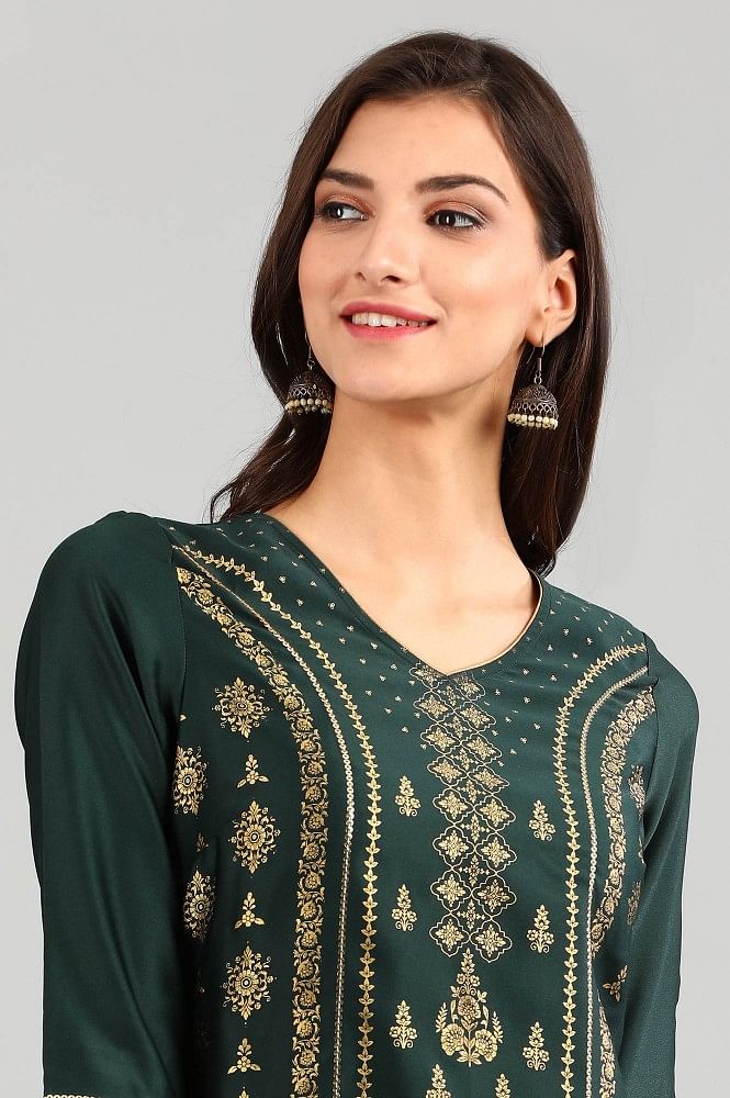 Green V-Neck Printed kurta