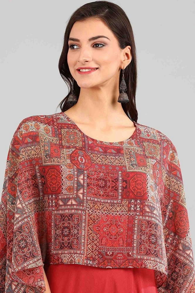 Red Round Neck Printed Dress