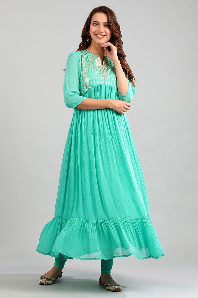 Green Band Collar Printed kurta