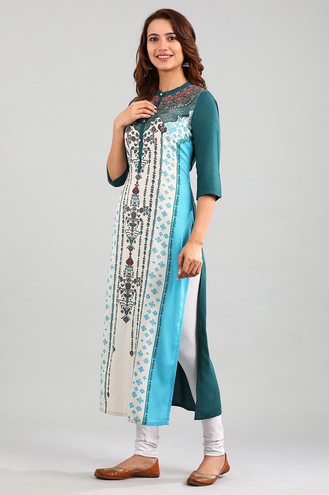 Cream Band Collar Printed kurta