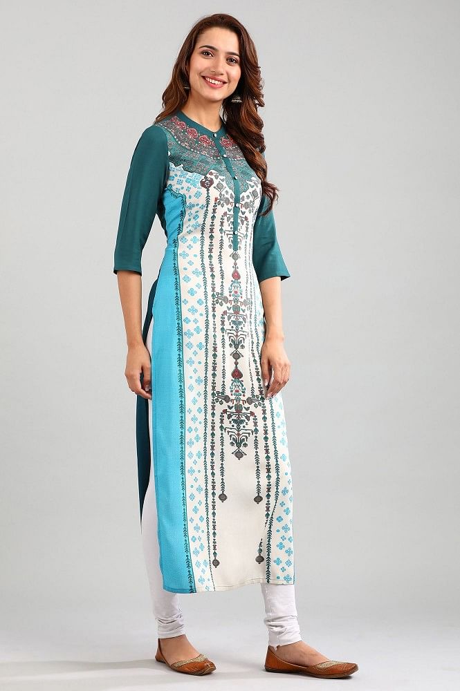 Cream Band Collar Printed kurta