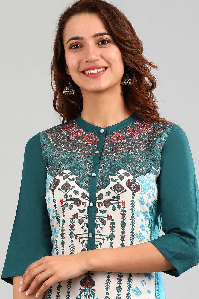 Cream Band Collar Printed kurta