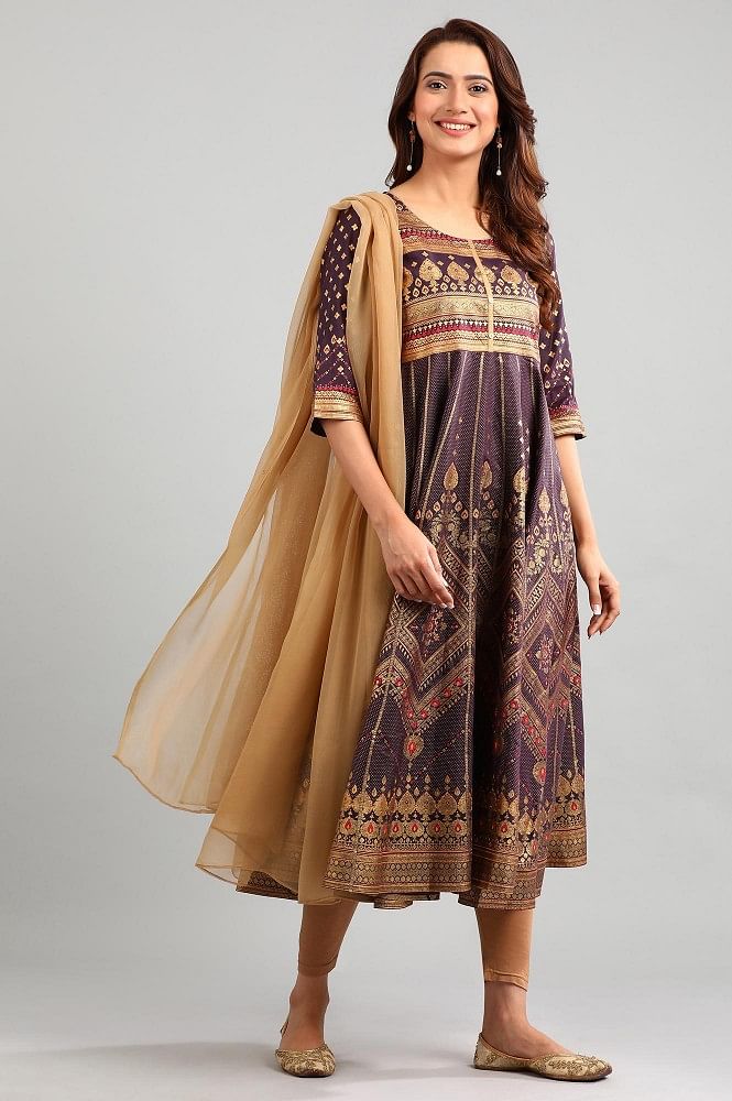 Purple Round Neck Printed kurta