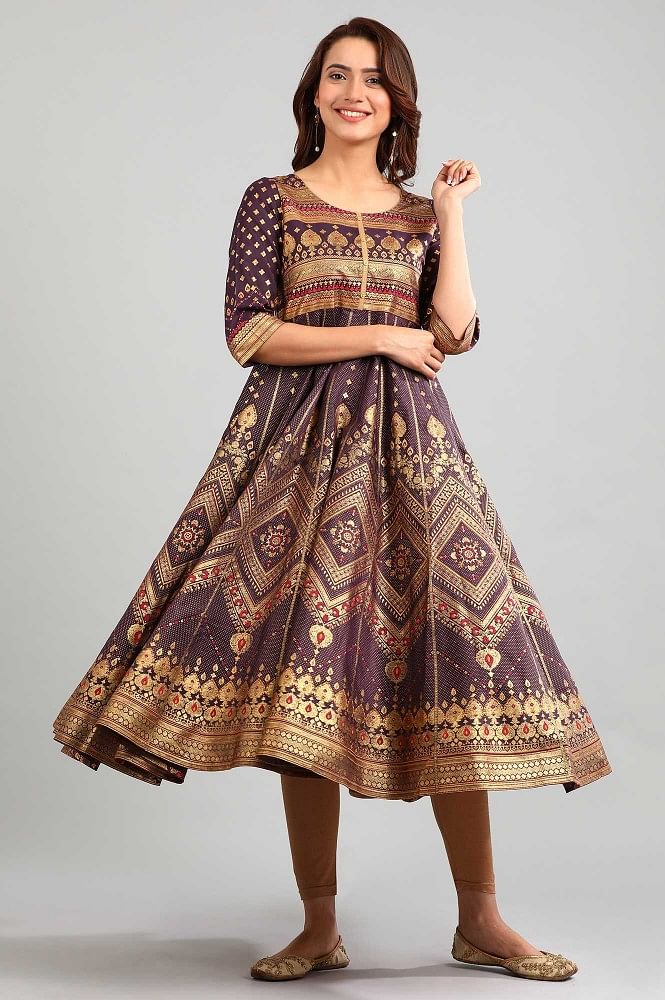 Purple Round Neck Printed kurta