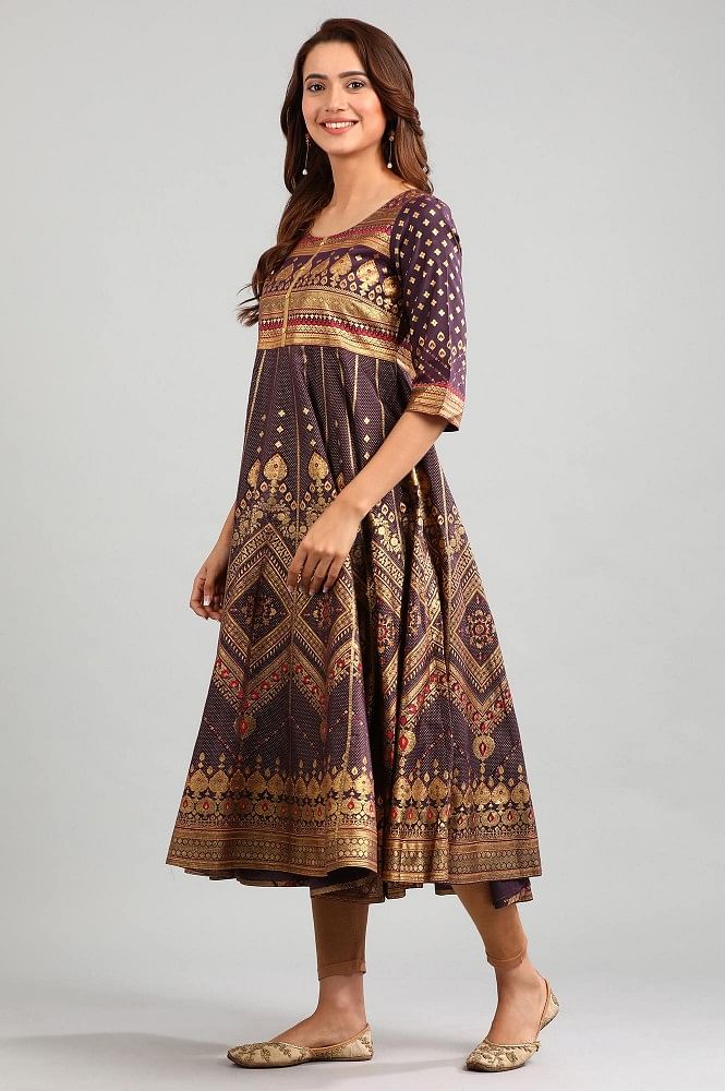 Purple Round Neck Printed kurta
