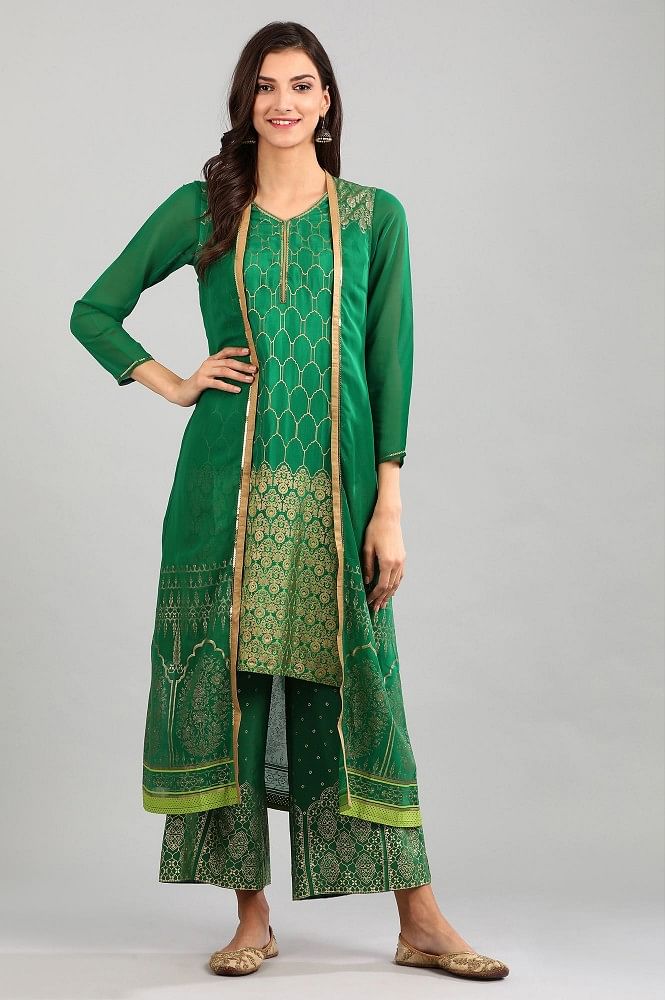 Green Printed Detail kurta with Gillet