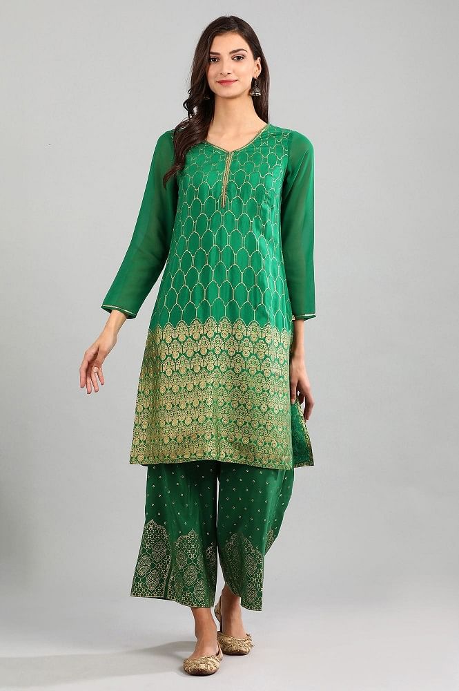 Green Printed Detail kurta with Gillet