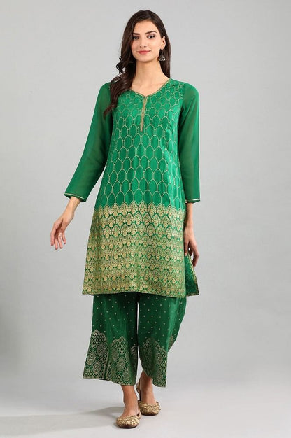 Green Printed Detail kurta with Gillet