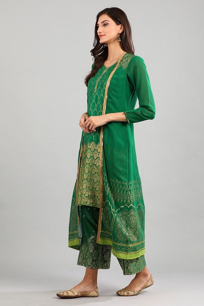 Green Printed Detail kurta with Gillet