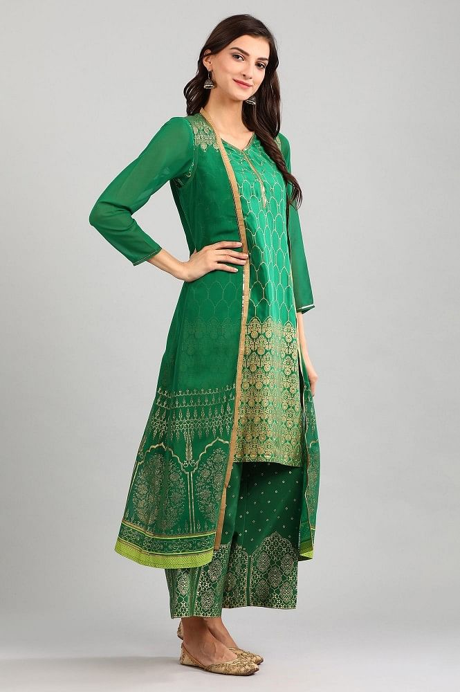Green Printed Detail kurta with Gillet