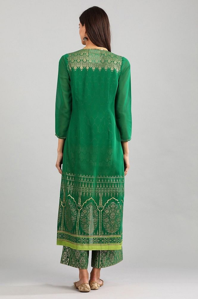 Green Printed Detail kurta with Gillet