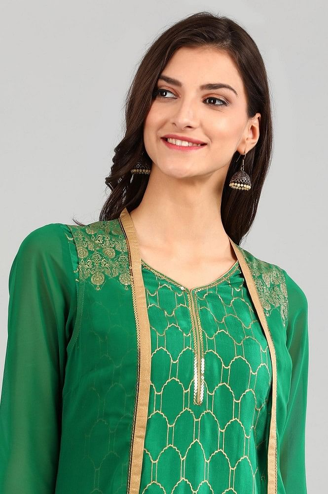 Green Printed Detail kurta with Gillet