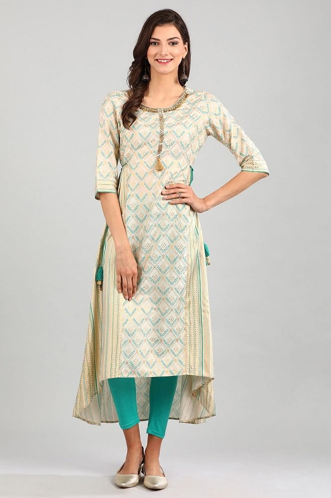 Cream Round Neck Asymmetrical kurta Set