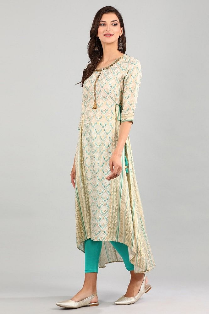 Cream Round Neck Asymmetrical kurta Set