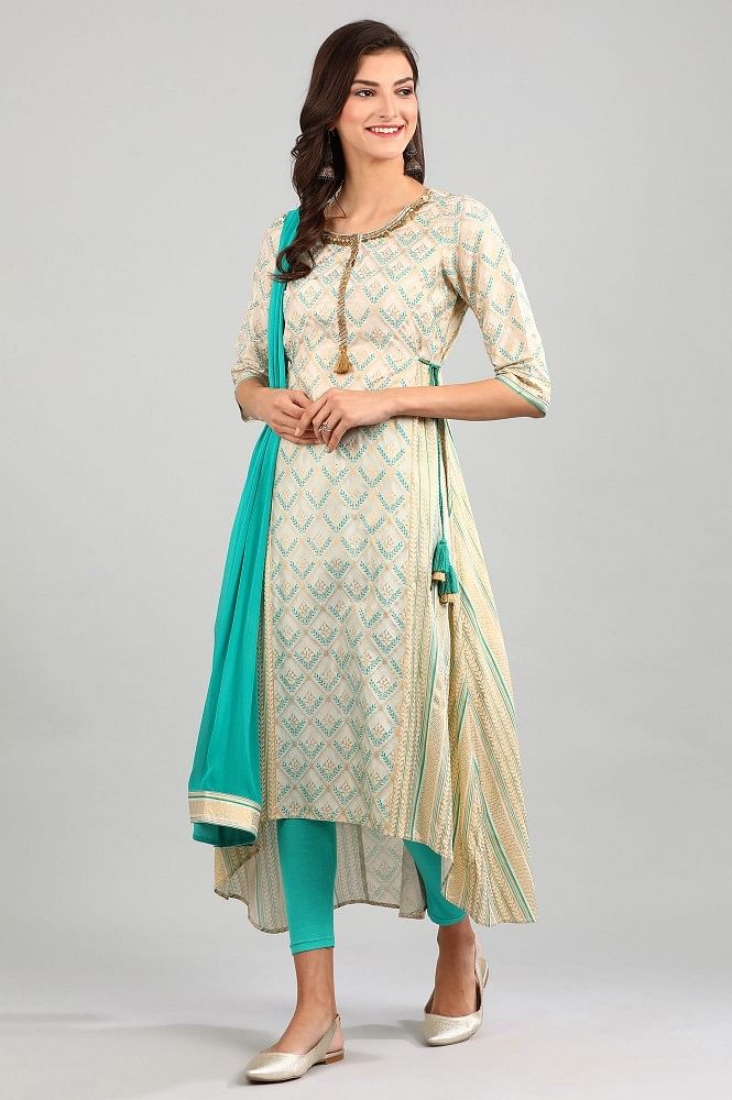 Cream Round Neck Asymmetrical kurta Set